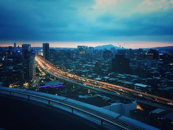 High angle view of illuminated city