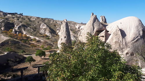 Panoramic view of rocky mountains against clear sky