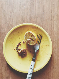 High angle view of breakfast in plate on table