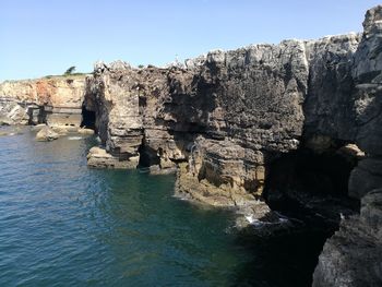 Scenic view of cliff against clear sky