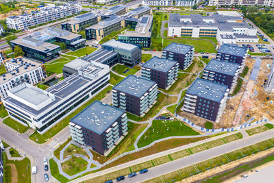 High angle view of buildings in city