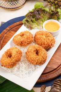 High angle view of food in plate on table