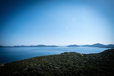 Scenic view of sea against clear blue sky