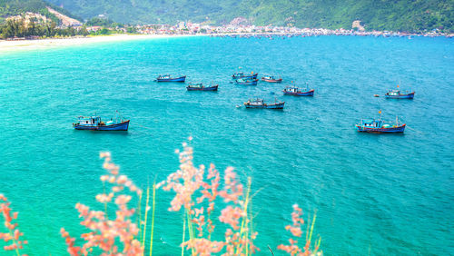 High angle view of boats in sea