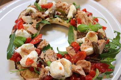 High angle view of salad in plate on table