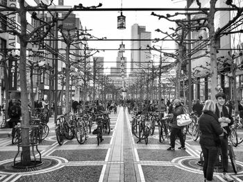 People around parked bicycles on street