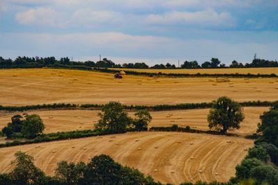 Hay bales on field against sky