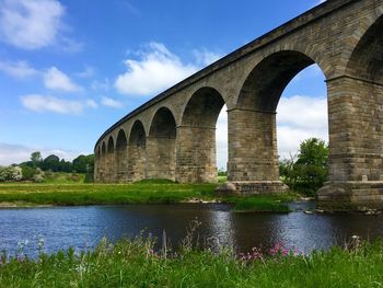 Arch bridge over river against sky