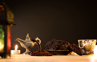 Close-up of illuminated candles on table