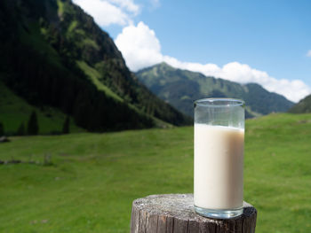 Wine glass on field by mountains against sky