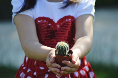 Midsection of girl holding cactus