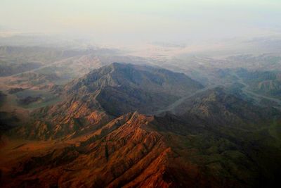 High angle view of mountains against sky