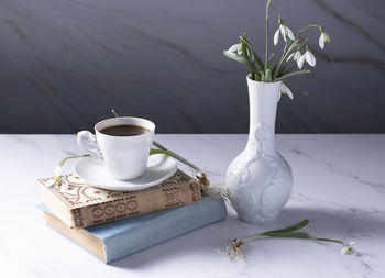 Still life with snowdrops in a ceramic vase like a swan, coffee in a white cup