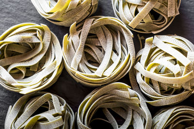 Directly above view of spinach tagliatelle on table