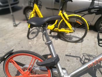 High angle view of bicycle parked on road