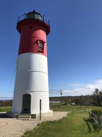 Low angle view of lighthouse by building against sky