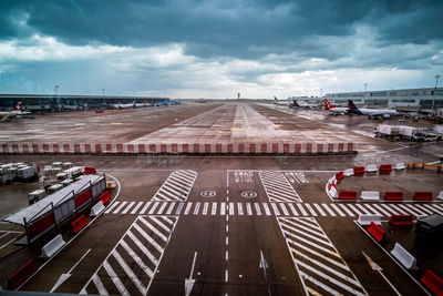 High angle view of airport runway against sky