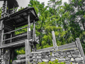 Low angle view of old temple against trees in forest