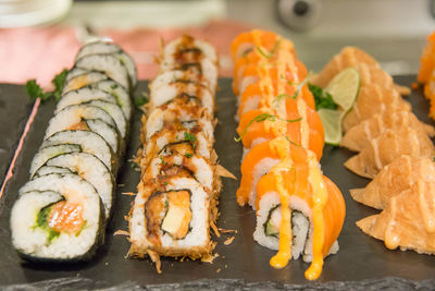 Close-up of sushi served in plate