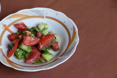 High angle view of salad served in bowl