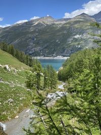 Scenic view of lake by mountains against sky