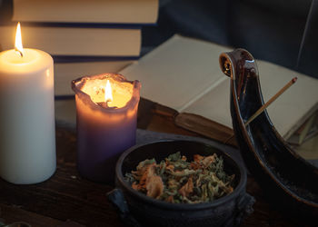 High angle view of lit candles on table