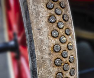 Close-up of rusty metal on wood