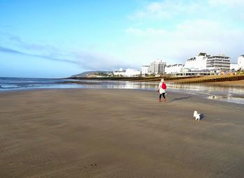 Rear view of woman with dog walking at beach