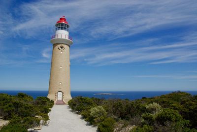Lighthouse amidst sea against blue sky