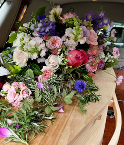 High angle view of flower bouquet on table