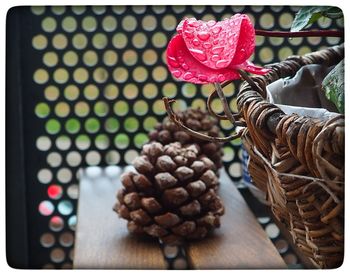 Close-up of roses in basket of red rose