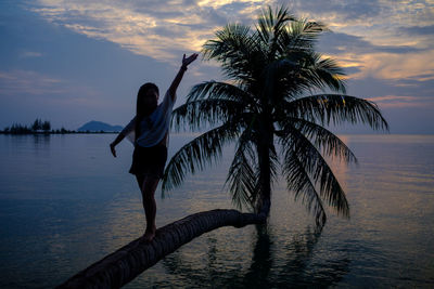 Woman standing over sea on palm tree during sunset