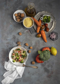 High angle view of fruits and vegetables on table