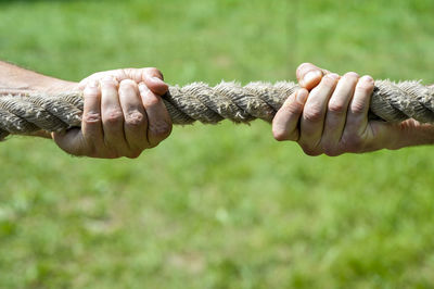 Close-up of hands holding rope on field