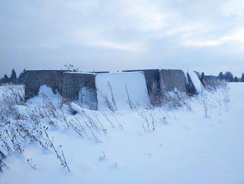 Scenic view of snow covered field against sky