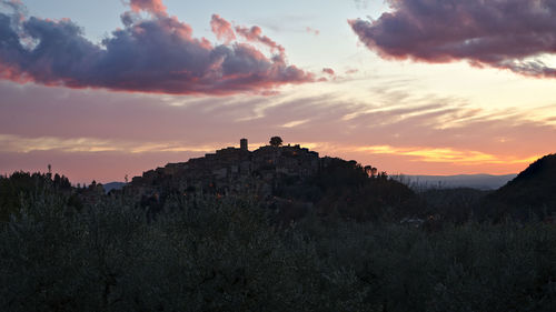 Scenic view of building against sky during sunset