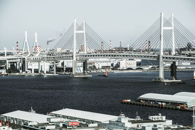 View of suspension bridge with city in background