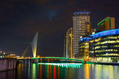 Illuminated bridge over river by buildings against sky at night