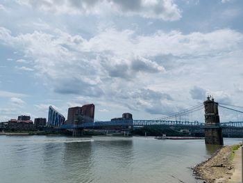 Bridge over river with city in background