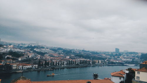 River by cityscape against cloudy sky