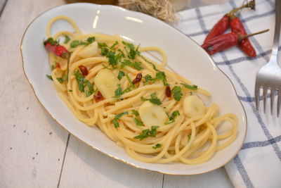 High angle view of pasta in plate on table