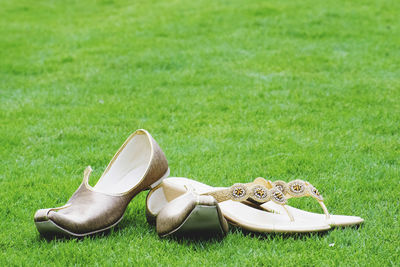 Close-up of shoes on field