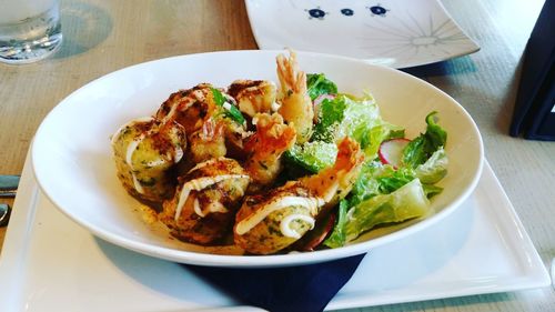 High angle view of salad in bowl on table