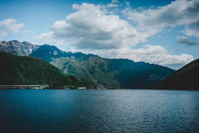 Scenic view of lake against cloudy sky