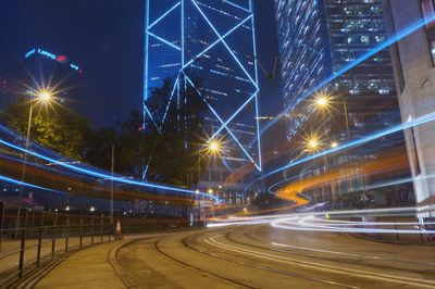 Light trails on road in city at night