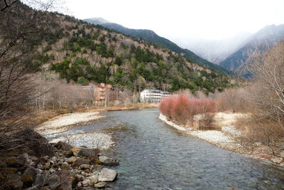 Scenic view of river amidst buildings against sky