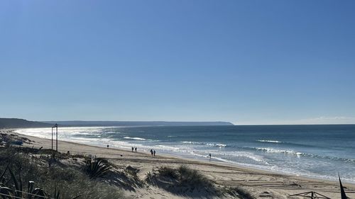 Scenic view of beach against clear blue sky