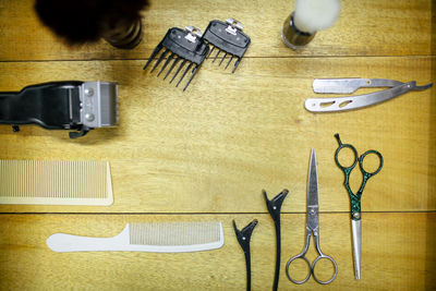 High angle view of work tools on table