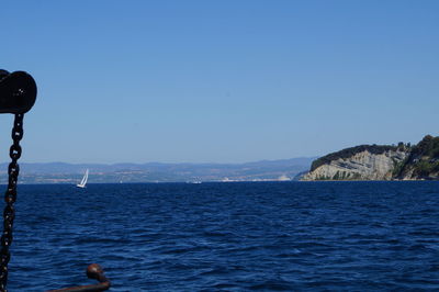 Scenic view of sea against clear blue sky