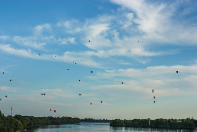 Low angle view of birds flying over sea against sky